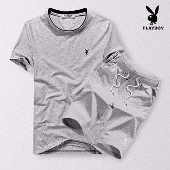 花花公子（PLAYBOY） 短袖 男士T恤 灰上衣+灰短褲 