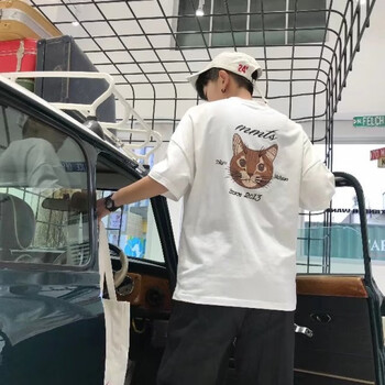 deciuhlae 五分袖 男士T恤 五分貓頭白色 