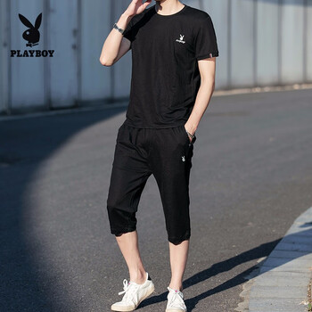 花花公子（PLAYBOY） 短袖 男士T恤 1915黑色+七分褲 
