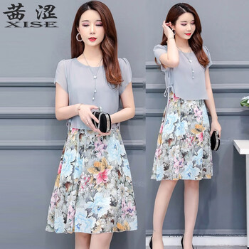 茜澀（XISE） 大花，碎花 拼接，抽繩，印花 連衣裙