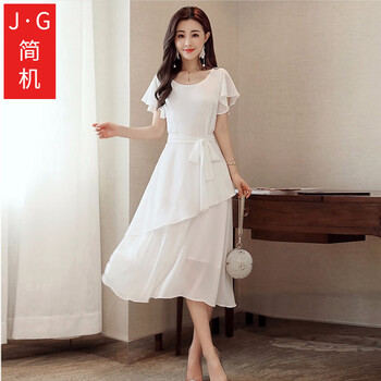 簡(jiǎn)機(jī) 純色 卷袖，腰帶，不規(guī)則，前短后長(zhǎng) 連衣裙