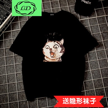 凌登（LingDeng） 短袖 男士T恤 小貓頭五分袖黑色 