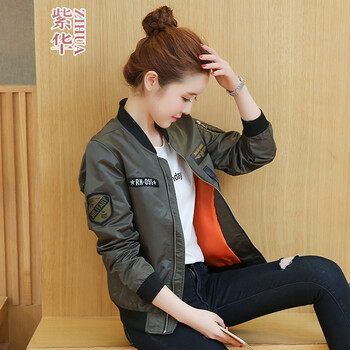 紫華（ZIHUA） 立領(lǐng) 長(zhǎng)袖 女 短外套 口袋，不對(duì)稱，拉鏈，明線裝飾，貼布，立體裝飾，徽章