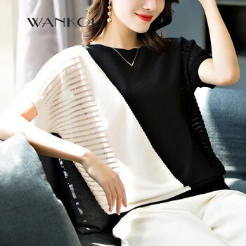 婉扣（WANKOU） 透視，紗網(wǎng) 短袖 T恤 女 一字領(lǐng)