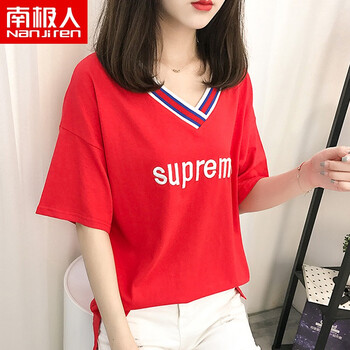 南極人（NanJiren） 刺繡，拼接 短袖 T恤 女 V領
