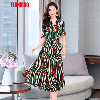 FEBNAIRO 條紋，碎花 條紋，卷袖，腰帶，不規(guī)則，印花 連衣裙