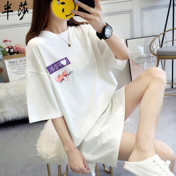 半莎 開衩，印花 短袖 T恤 女 圓領(lǐng)