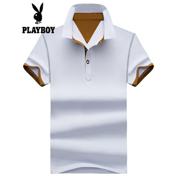 花花公子（PLAYBOY ESTABLISHED 1953） 短袖 男士T恤 白色/咖啡袖 