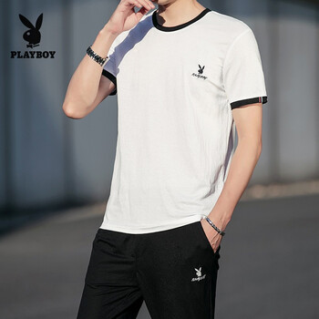 花花公子（PLAYBOY） 短袖 男士T恤 白色上衣+黑色長褲（套裝） 