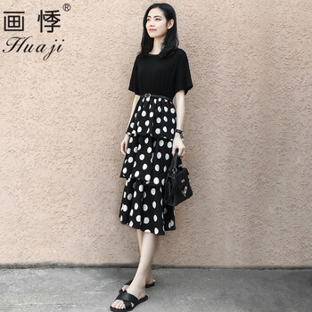 畫悸 圓點 拼色，印花 連衣裙