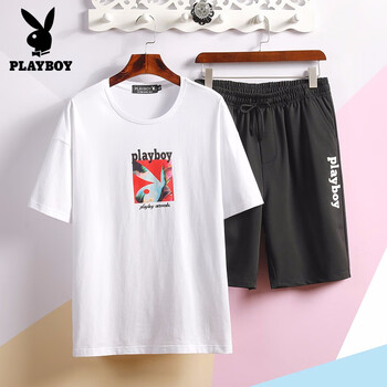 花花公子（PLAYBOY） 短袖 男士T恤 白色上衣+黑色短褲（7766） 