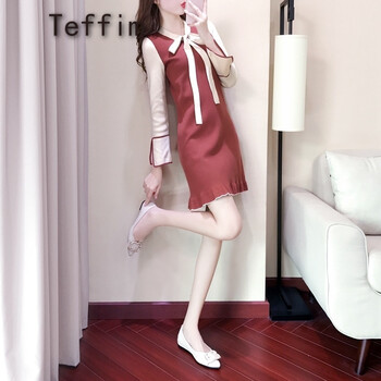 Teffim 純色 拼接，蝴蝶結(jié) 連衣裙