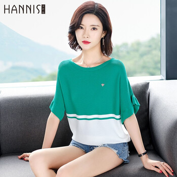 漢尼絲（HANNISI） 拼色 短袖 T恤 女 一字領(lǐng)
