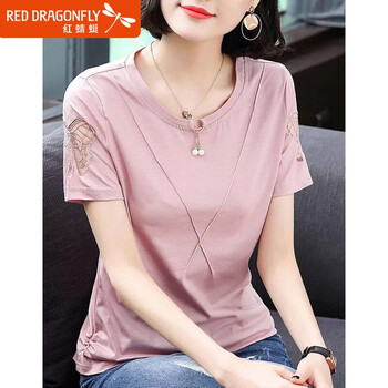 紅蜻蜓（RED DRAGONFLY） 拼接，鏤空，褶皺 短袖 T恤 女 圓領(lǐng)