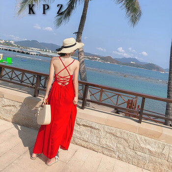 明星同款紅色連衣裙夏