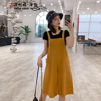 酷梵?。↘UFANXI） 高腰 背帶褲 女 五分褲 休閑褲