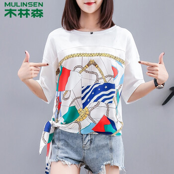 木林森 繡花，拼接 短袖 T恤 女 圓領(lǐng)