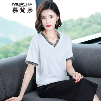慕梵莎（MUFANSHA） 立體裝飾 短袖 T恤 女 V領(lǐng)