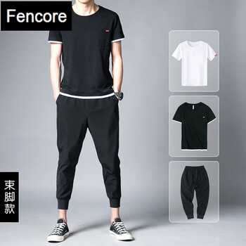 Fencore 短袖 男士T恤 三件裝【1006黑T恤+白T恤+0219束腳褲子】 