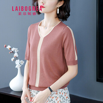萊帛妮雅（LAIBOGNEA） 拼接，羅紋 短袖 T恤 女 V領(lǐng)