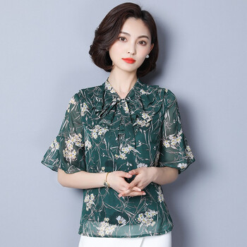 憶思減 荷葉邊，漸變，印花，蝴蝶結(jié)，立體裁剪 短袖 T恤 女 娃娃領