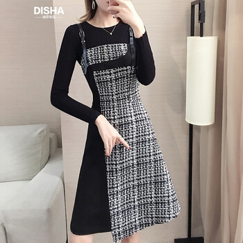迪莎衣品（DISHAYIPIN） 格子 拼接 連衣裙