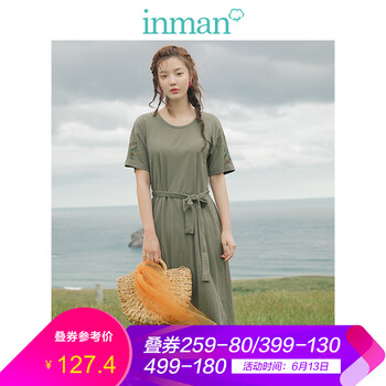 茵曼（INMAN） 植物花卉 繡花，腰帶 連衣裙