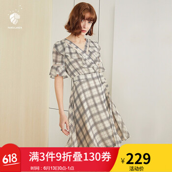 FANSILANEN 格子 荷葉邊，腰帶，花邊，格子 連衣裙