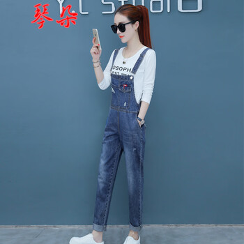 琴朵（QINDUO） 高腰 背帶褲 女 九分褲 牛仔褲