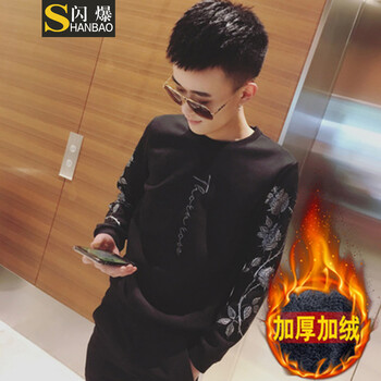閃爆（SHANBAO） 長袖 男士T恤 8809黑色加絨 S，XL，L，XXL，M，XXXL