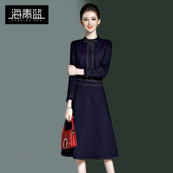 海青藍(lán)（CYANINE SEA） 純色 拉鏈，蝴蝶結(jié) 連衣裙