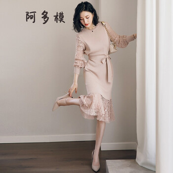 阿多模 純色 拼接，綁帶，蕾絲 連衣裙
