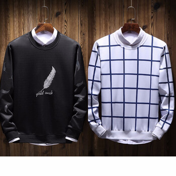 夫悟 長袖 男士T恤 35-W01羽毛黑+W05方格白 XL，L，XXL，M，XXXL