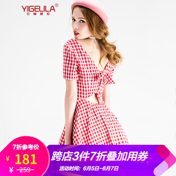 復(fù)古紅格子連衣裙