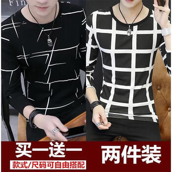快樂嘉人 長袖 男士T恤 亂條黑+格子黑色 
