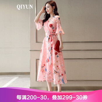 啟·韻（QIYUN） 純色 拉鏈，綁帶，印花 連衣裙