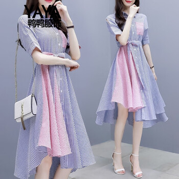 鴨鴨服飾（yaya） 條紋 不對稱(chēng)，拼接，前短后長(cháng)，褶皺 連衣裙