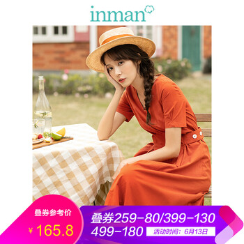 茵曼（INMAN） 純色 拼接 連衣裙