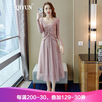 啟·韻（QIYUN） 純色 抽褶，鏤空，綁帶，褶皺 連衣裙
