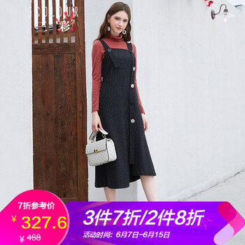 三彩  荷葉邊，不對稱，背帶，條紋，不規(guī)則，紐扣 連衣裙