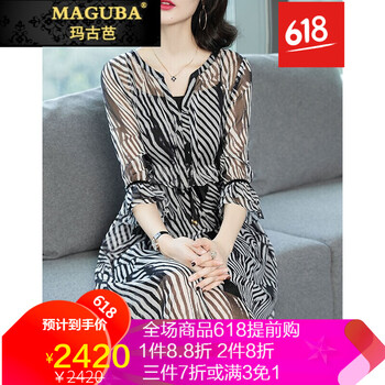 瑪古芭（MAGUBA） 條紋 荷葉邊，抽褶，條紋，綁帶 連衣裙