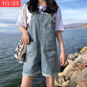 怡羽 自然腰 背帶褲 女 短褲 牛仔褲