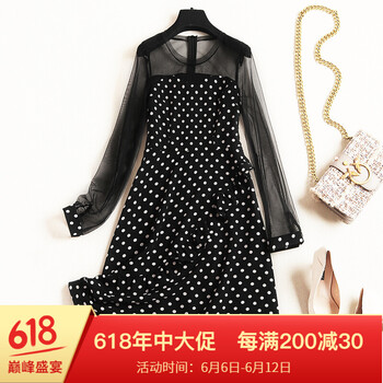 路也 圓點(diǎn) 荷葉邊，拼接，拉鏈，紐扣，紗網(wǎng) 連衣裙