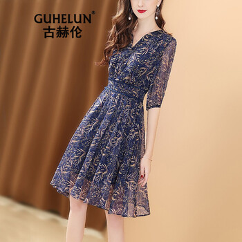 古赫倫（GUHELUN） 碎花 拉鏈，印花 連衣裙