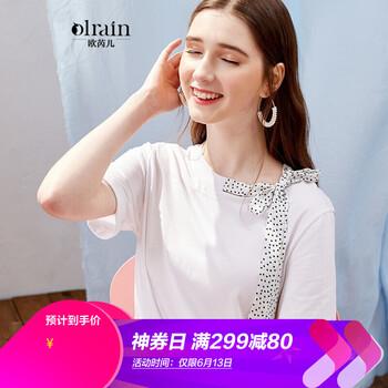 Olrain 綁帶，拼色 短袖 T恤 女 圓領(lǐng)