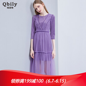 晴碧琳（qbily） 純色 拼接，撞色，褶皺，蕾絲，紗網(wǎng) 連衣裙
