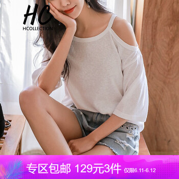 Hcollection 不對稱，露肩 短袖 T恤 女 圓領