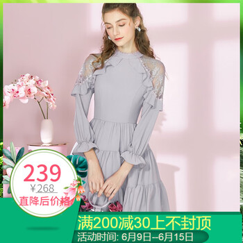 艾麗絲童話 純色 荷葉邊，透視，花邊，鏤空，蕾絲 連衣裙