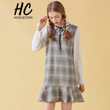 Hcollection 格子 荷葉邊，拼接，綁帶 連衣裙