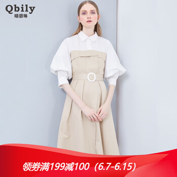 晴碧琳（qbily）  不對稱，拼接，紐扣 連衣裙
